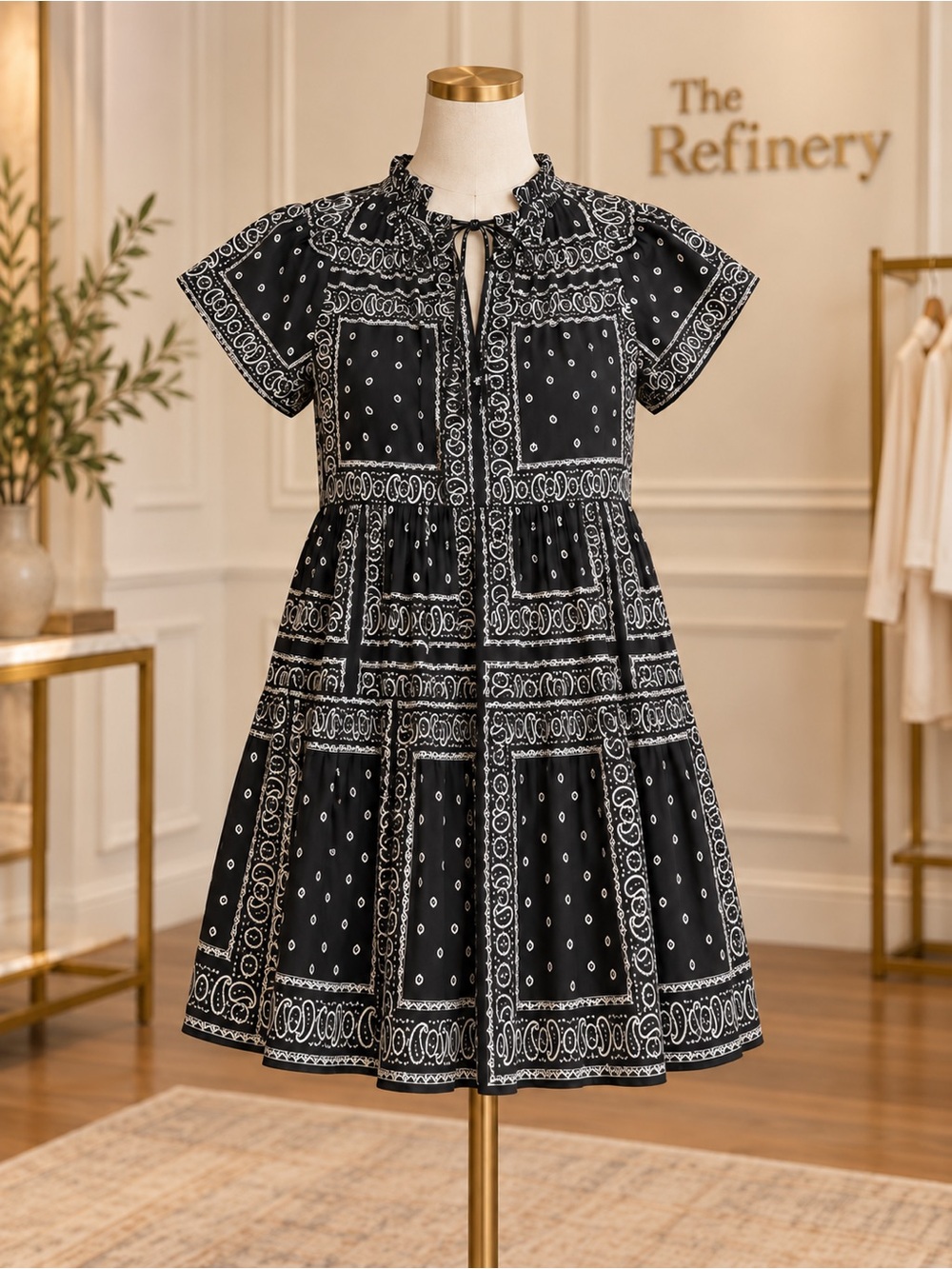 HUNTER BELL Black Bandana-Print Tiered Dress M NWT